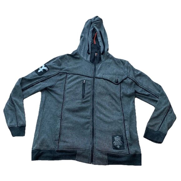 Y2K Rock Revival Men's Size 2XL Gray Stripe Full Zip Hoodie Distressed Logo - Picture 1 of 12